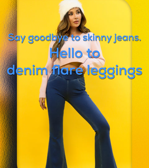 Say goodbye to skinny jeans. Hello to denim flare leggings