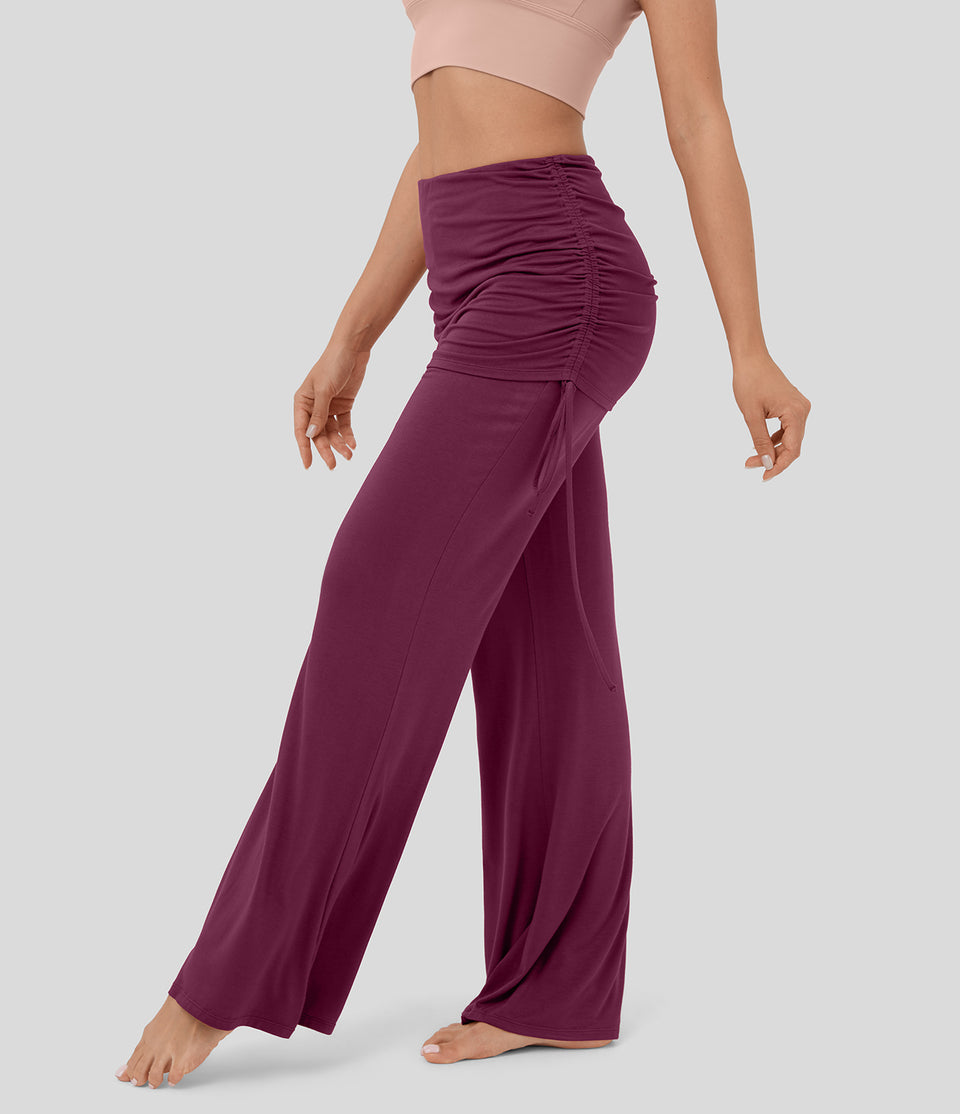 Mid Rise Ruched Drawstring Wide Leg Dance Pants