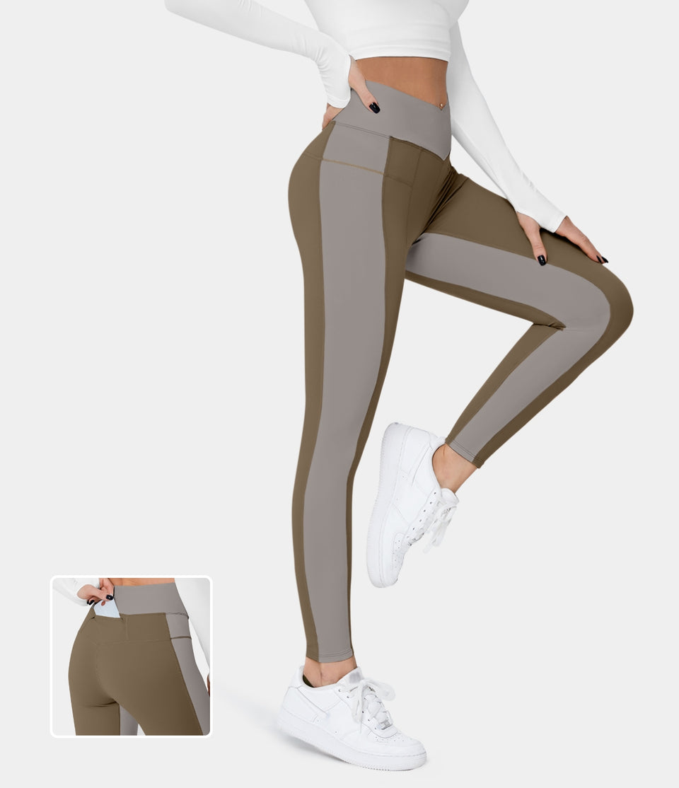 Softlyzero™ Mid Rise Crossover Color Block Back Waistband Pocket 7/8 Yoga Leggings-UPF50+