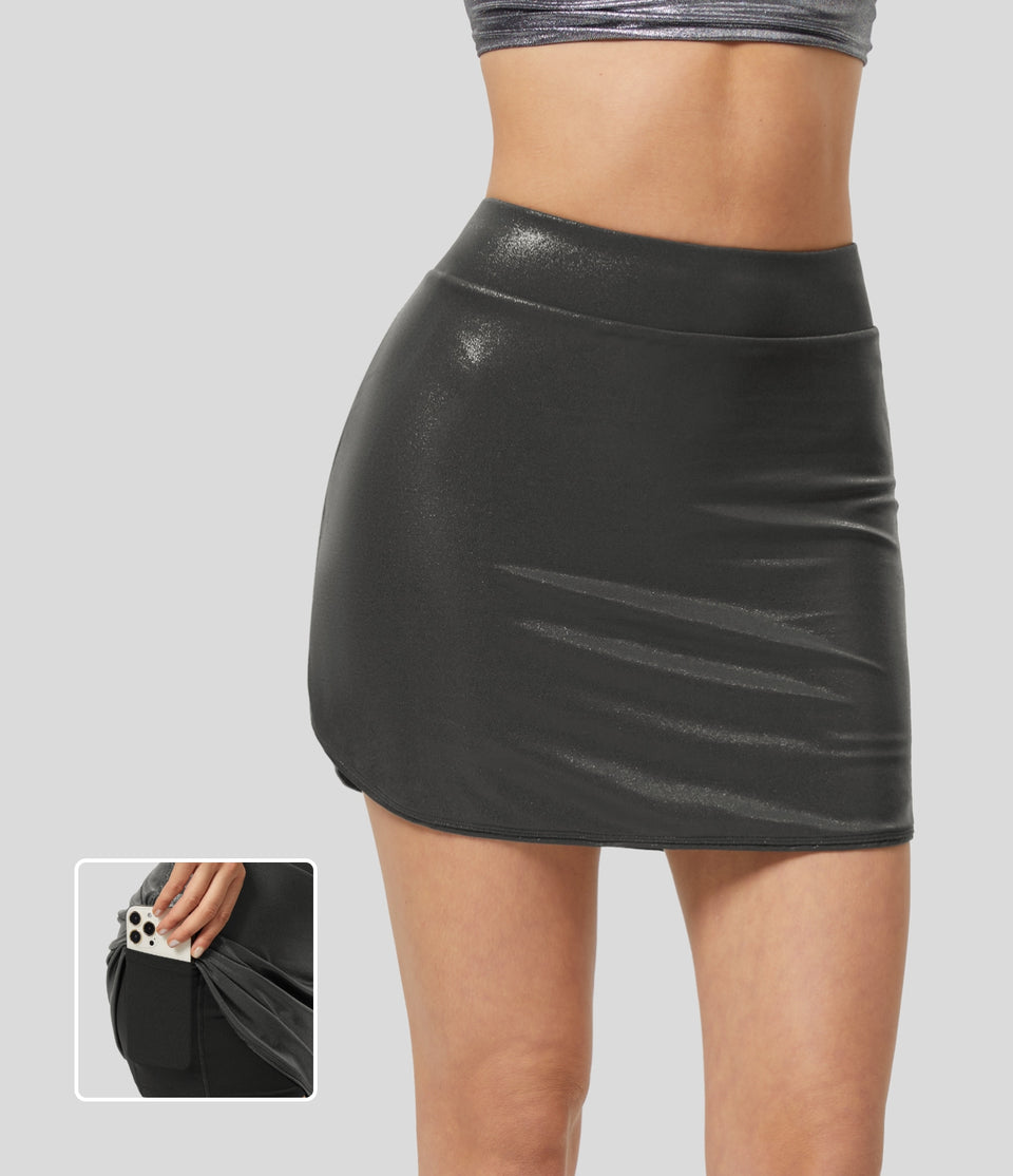 Softlyzero™ Faux Leather High Waisted 2-in-1 Side Pocket Curved Hem Metallic Foil Print Stretchy Bodycon Mini Party Skirt