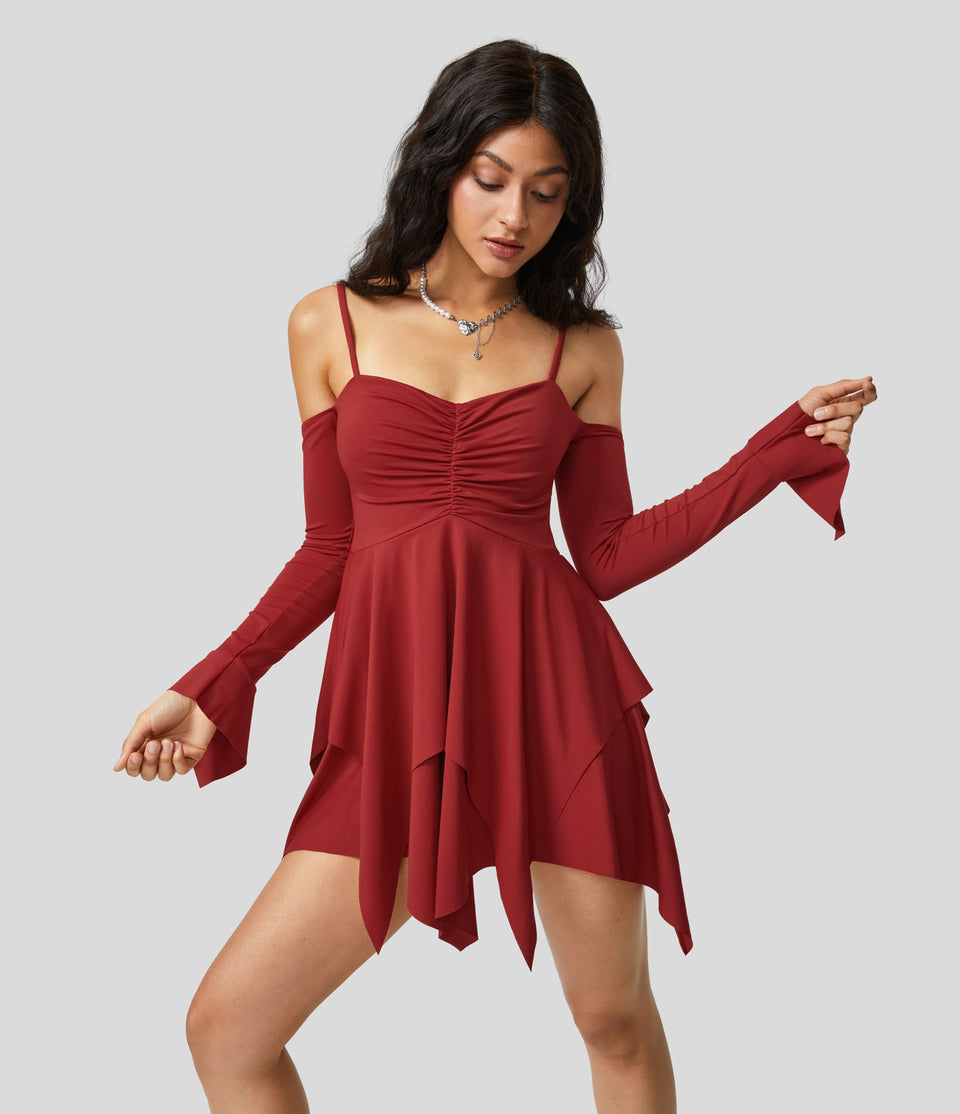 Adjustable Strap Ruched Backless Long Sleeve Layered Hanky Hem Mini Casual Dress