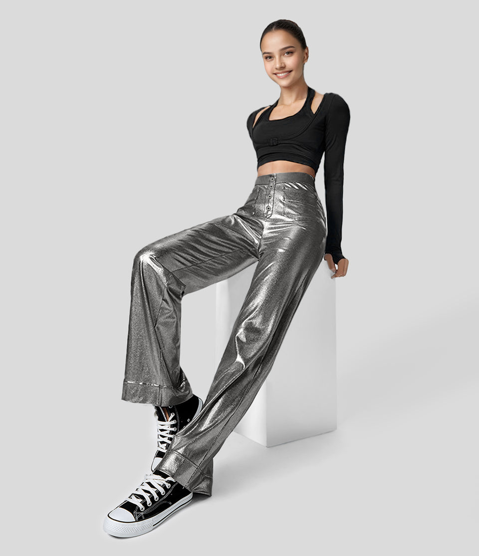Softlyzero™ Faux Leather High Waisted Decorative Button Multiple Pockets Metallic Foil Print Stretchy Party Straight Leg Pants