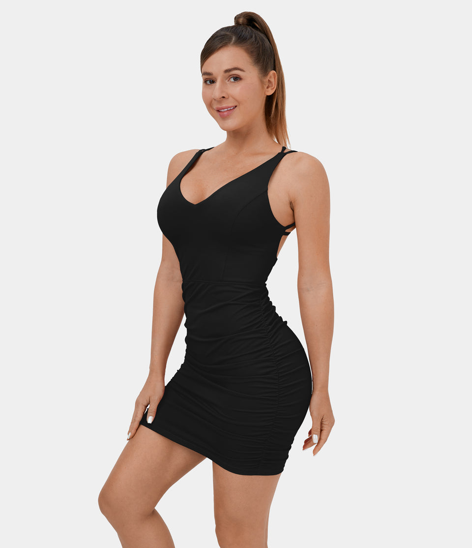 Crisscross Backless Ruched Bodycon Mini Casual Dress