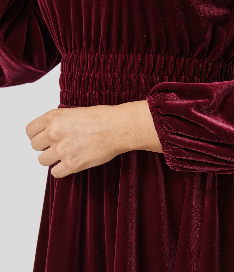 Deep V Neck Long Sleeve Shirred Ruffle Hem Velvet Mini Casual Dress