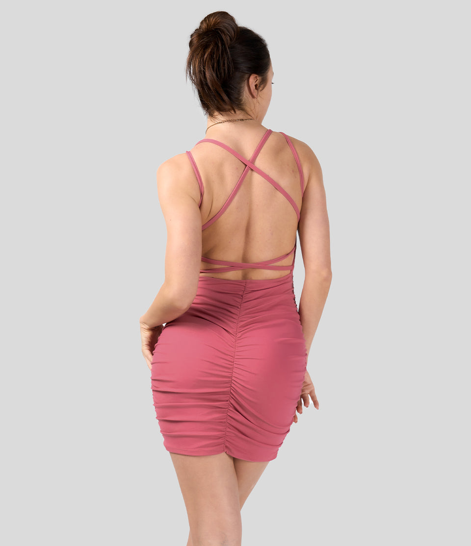 Crisscross Backless Ruched Bodycon Mini Casual Dress