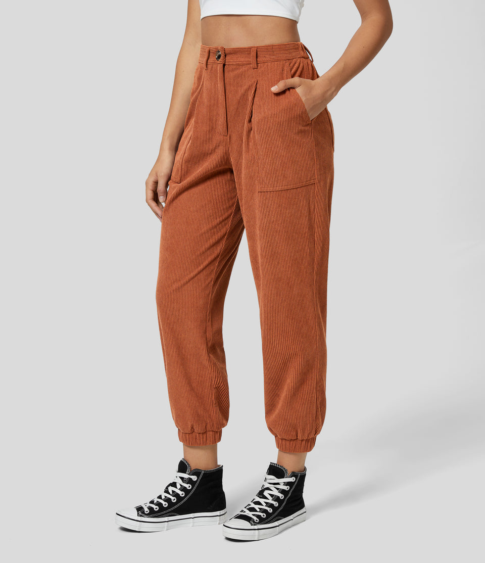 Mid Rise Button Zipper Multiple Pockets Corduroy Casual Joggers