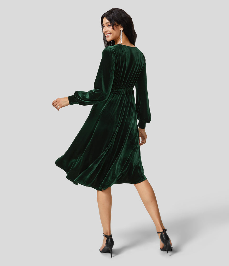 V Neck Crossover Plicated Bishop Sleeve High Low Flowy Velvet Midi Casual Dress