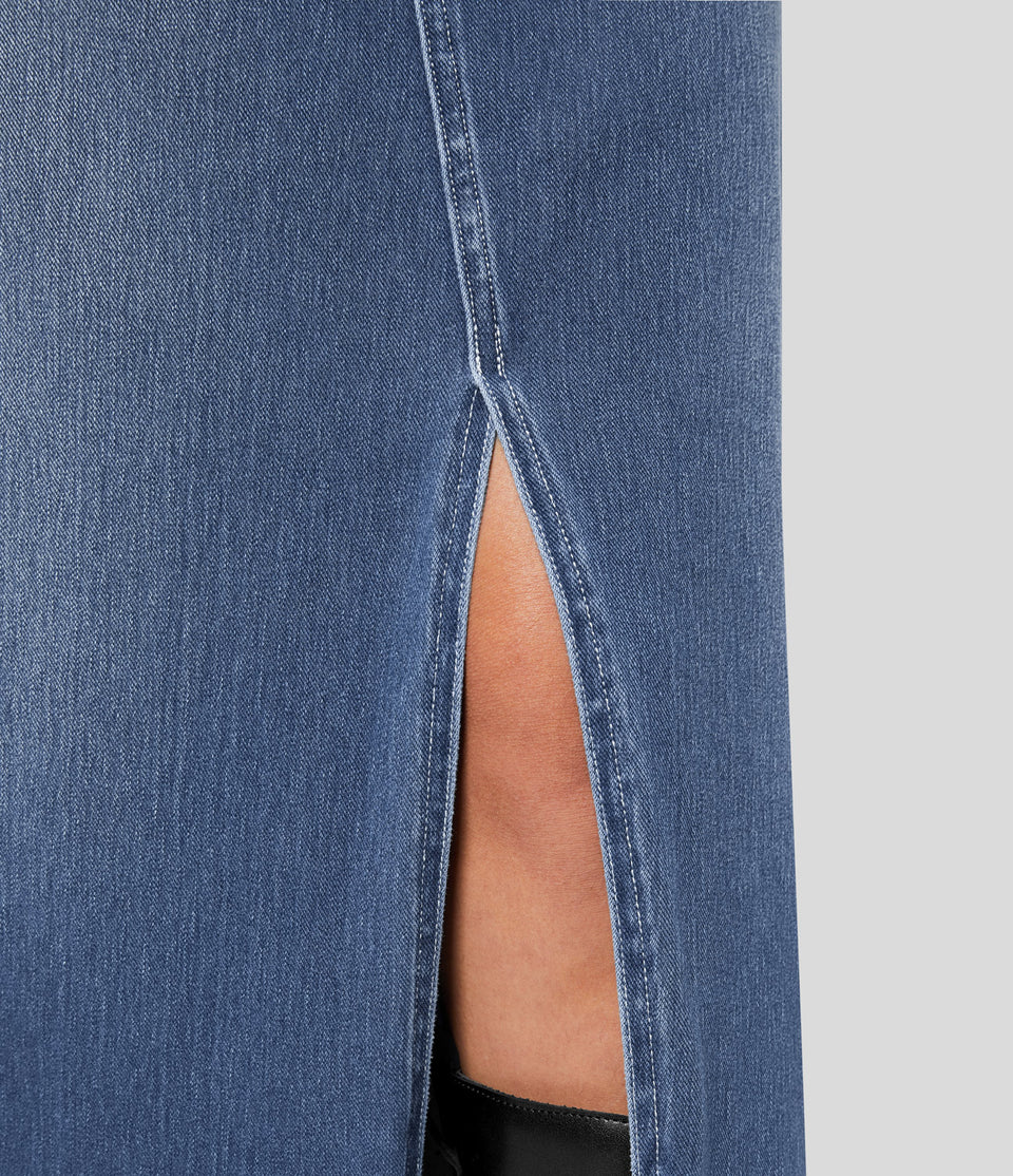 HalaraMagic™ Mid Rise Button Zipper Multiple Pockets Split A Line Stretchy Knit Denim Maxi Casual Skirt