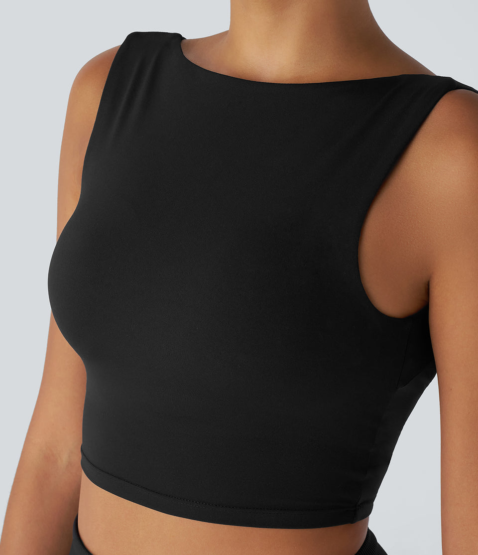 Backless Boat Neck Skinny Cropped Yoga Tank Top