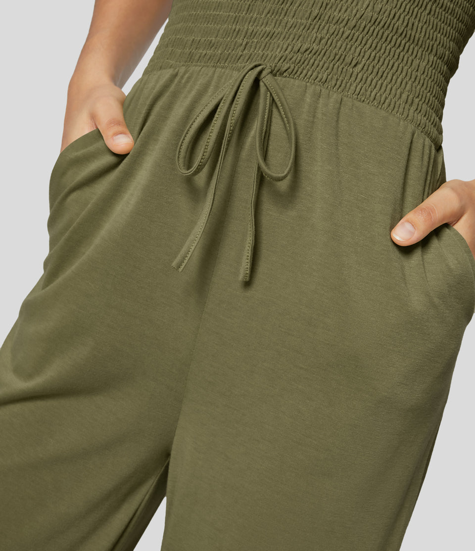 Tube Backless Shirred Knot Side Pocket Wide Leg Casual Jumpsuit