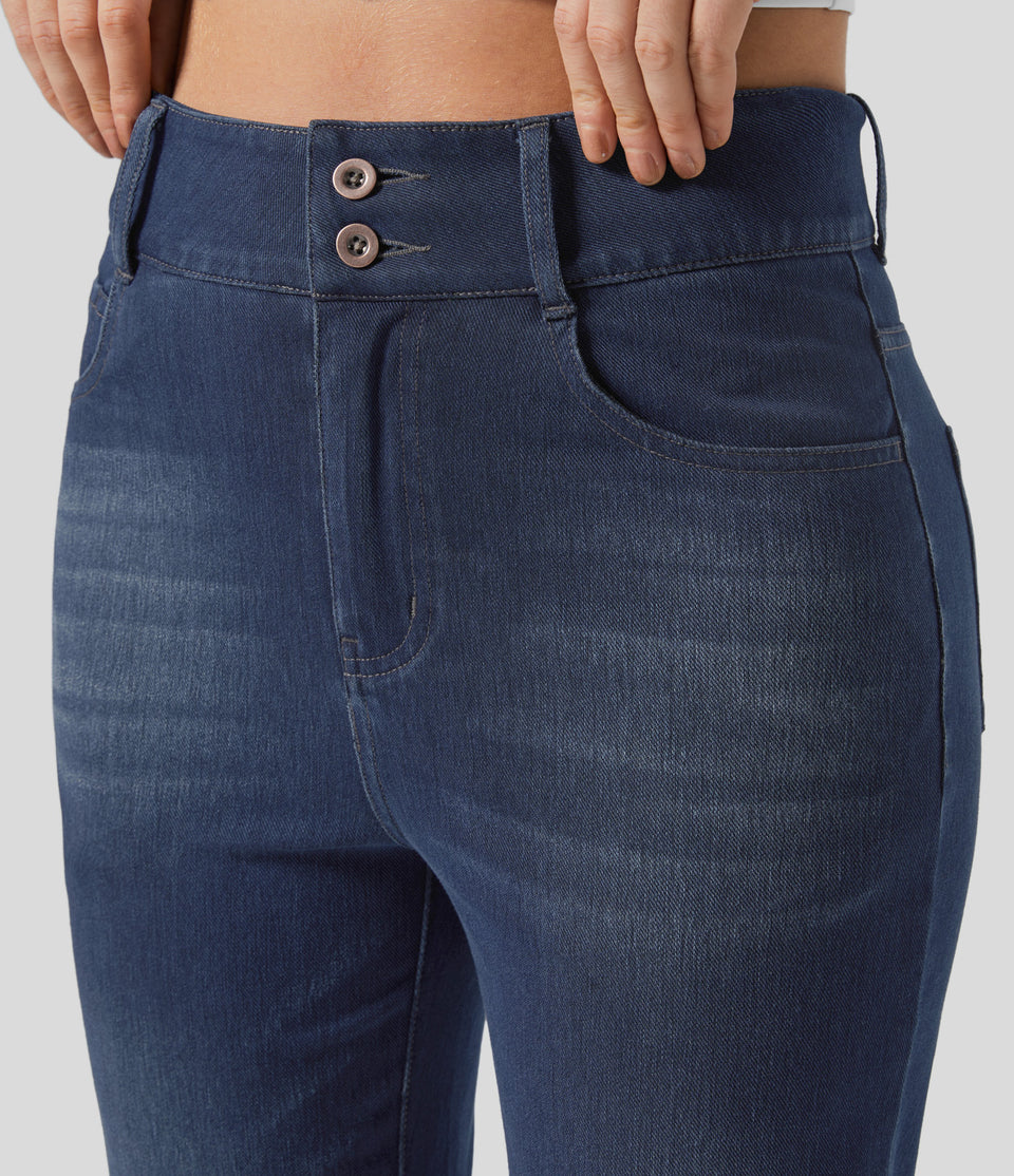 HalaraMagic™ High Waisted Button Zipper Multiple Pockets Straight Leg Washed Stretchy Knit Casual Jeans