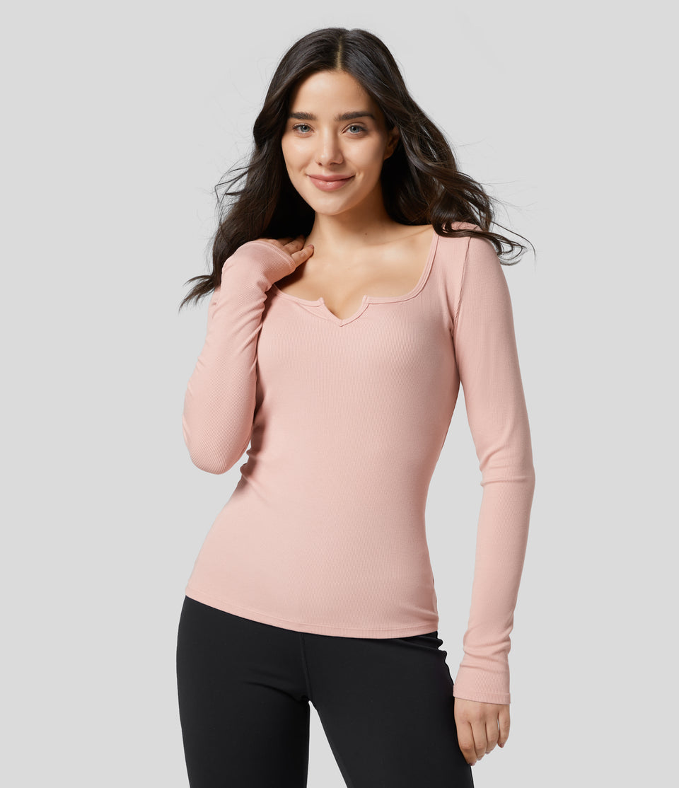 Ribbed Notched Scoop Neck Long Sleeve Slim Casual Top