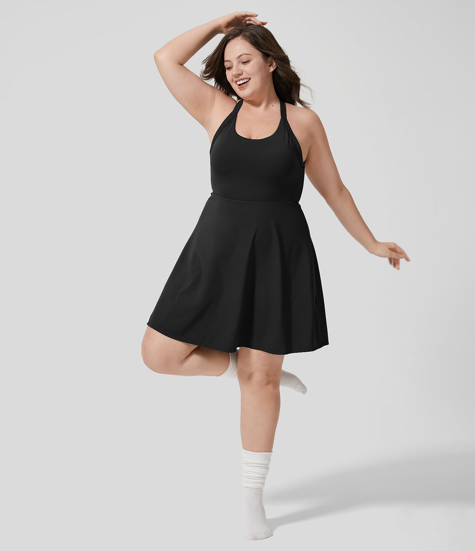 U Neck Backless Twisted Cut Out 2-in-1 Side Pocket Mini Barre Ballet Dance Plus Size Dress-Longer Length