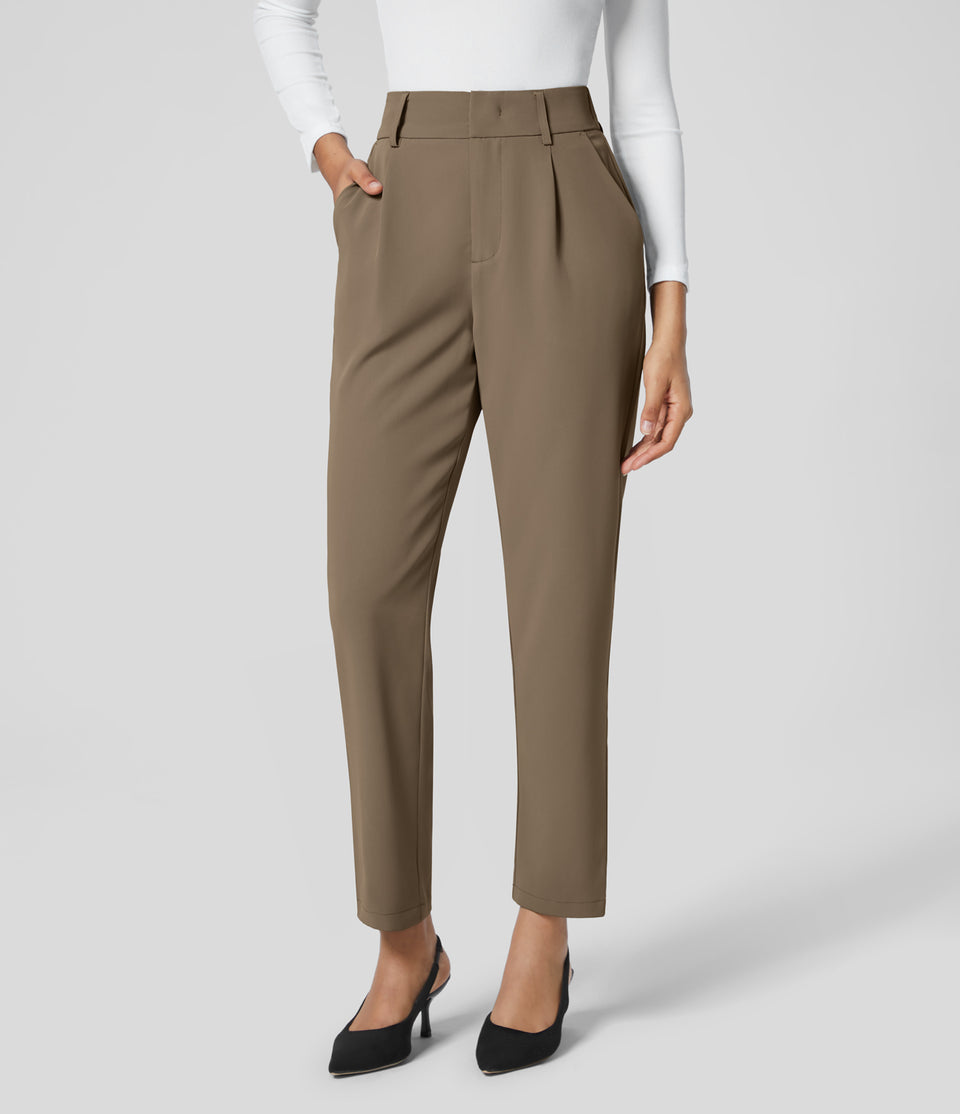 High Waisted Side Pocket Solid Work Tapered Suit Pants