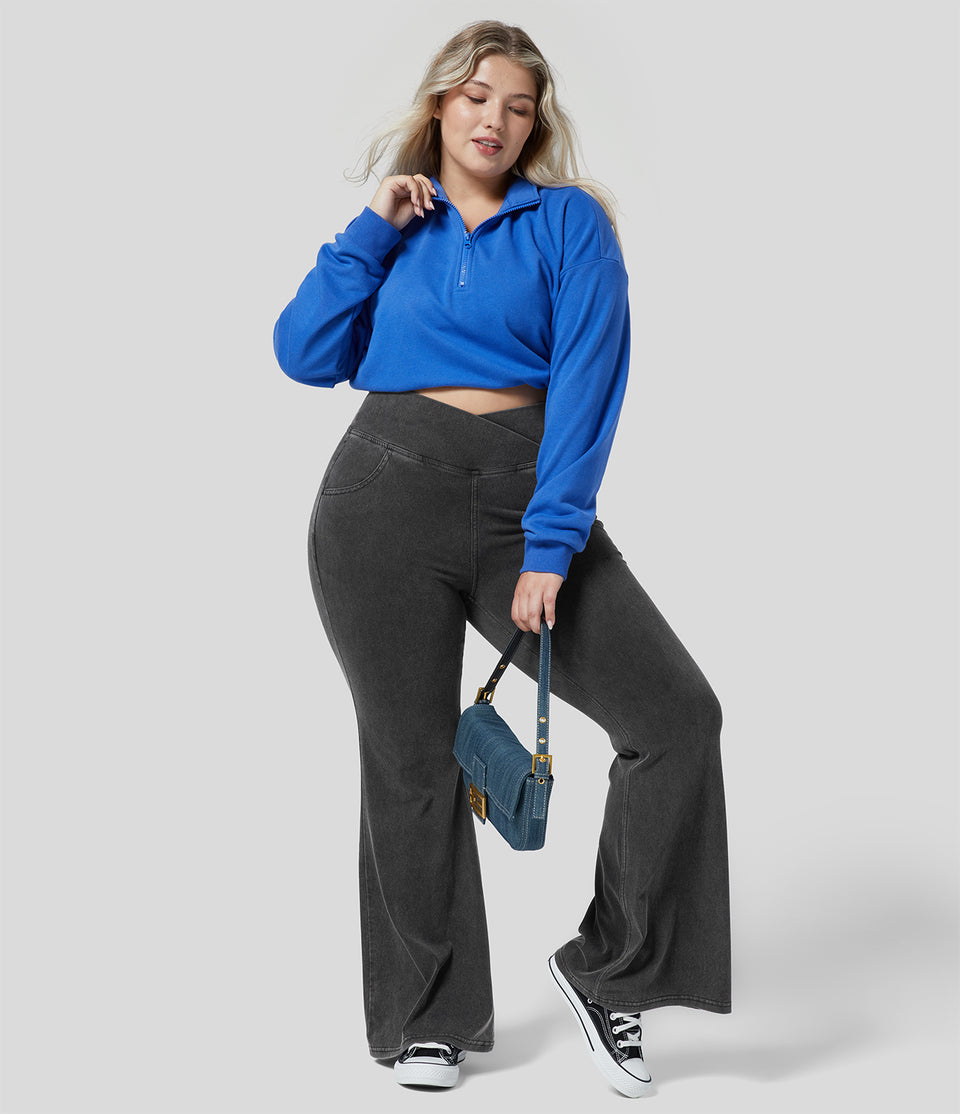 HalaraMagic™ High Waisted Crossover Pocket Cool Touch Breathable Washed Stretchy Knit Plus Size Casual Super Flare Jeans