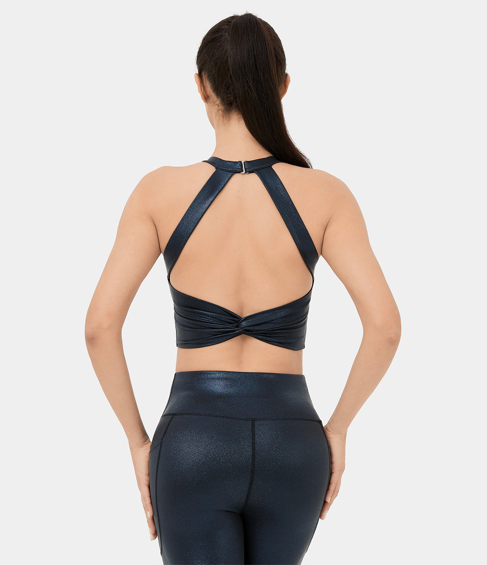 Softlyzero™ Faux Leather Backless Cut Out Twisted Foil Print Stretchy Cropped Yoga Tank Top