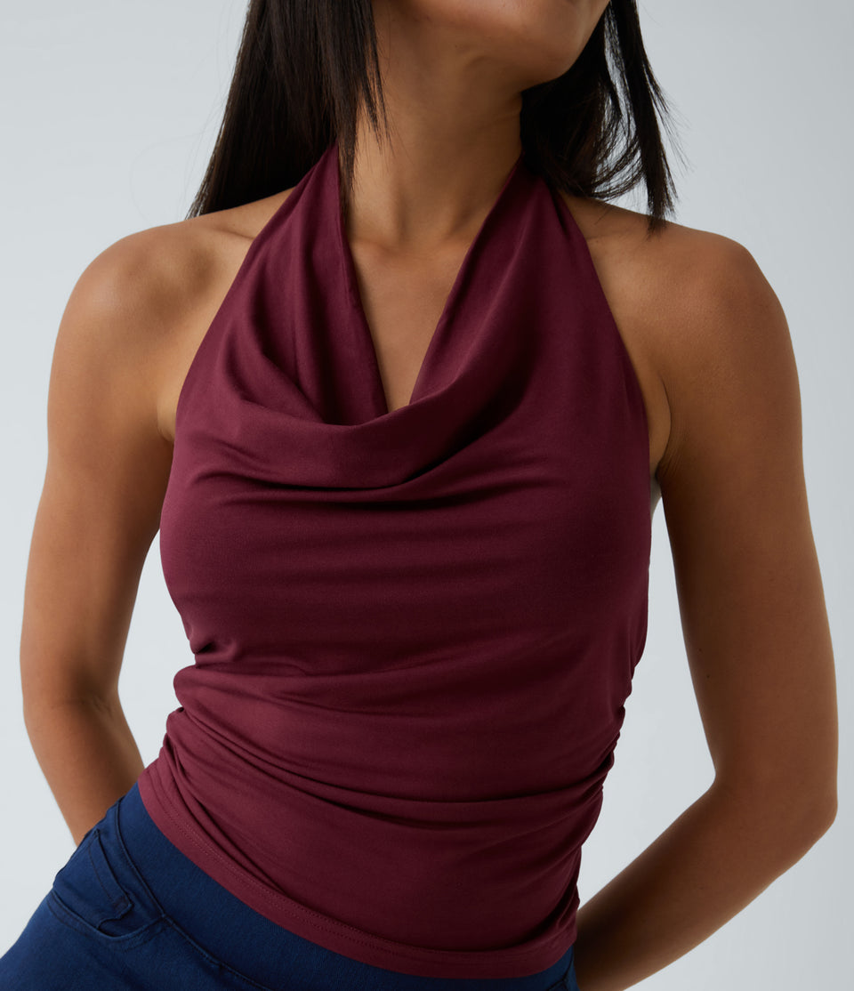 Halter Cowl Neck Backless Ruched Casual Tank Top