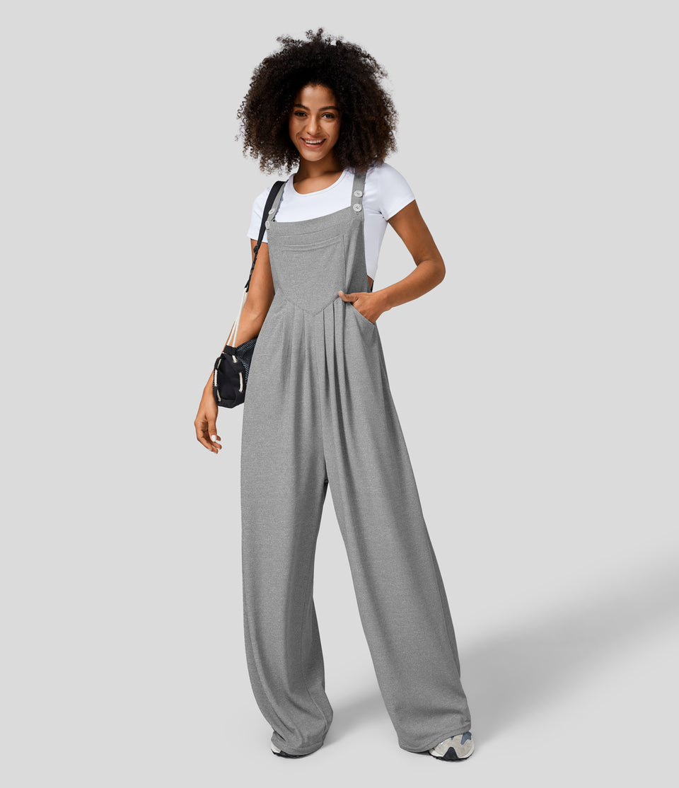 Adjustable Strap Button Multiple Pockets Plicated Waffle Casual Overalls