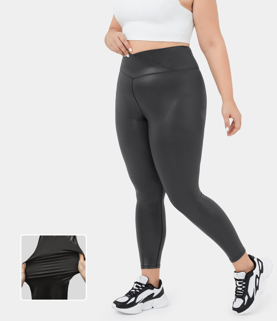 Softlyzero™ Faux Leather Crossover Back Pocket Foil Print Stretchy Plus Size Yoga Leggings