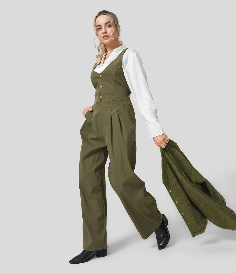 Button Multiple Pockets Plicated Straight Leg Casual Jumpsuit