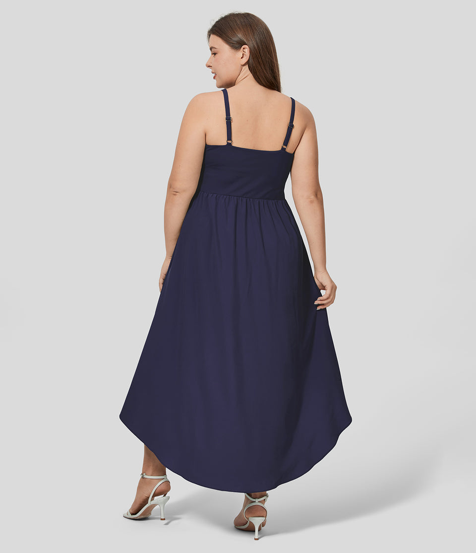 Breezeful™ Backless Asymmetric Crossover Hem 2-Piece Side Pocket Flowy Midi Quick Dry Casual Plus Size Dress