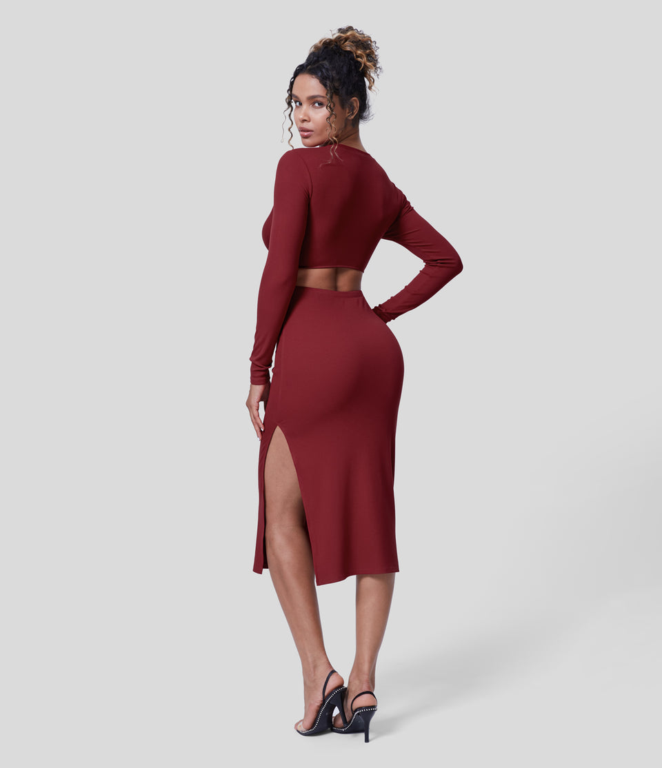 Ribbed Crossover Cut out Long Sleeve Split Hem Bodycon Midi Party Dress