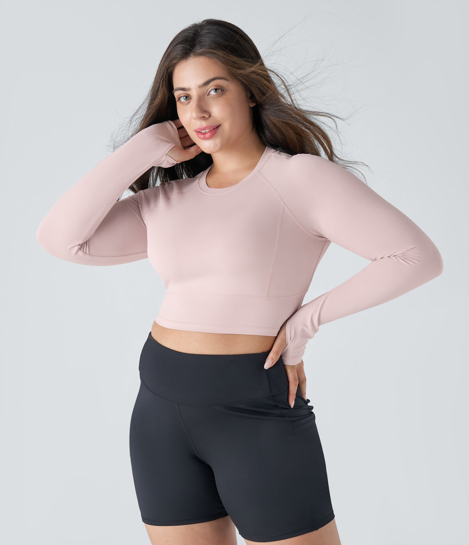 Solid Thumb Hole Cropped Yoga Plus Size Sports Top