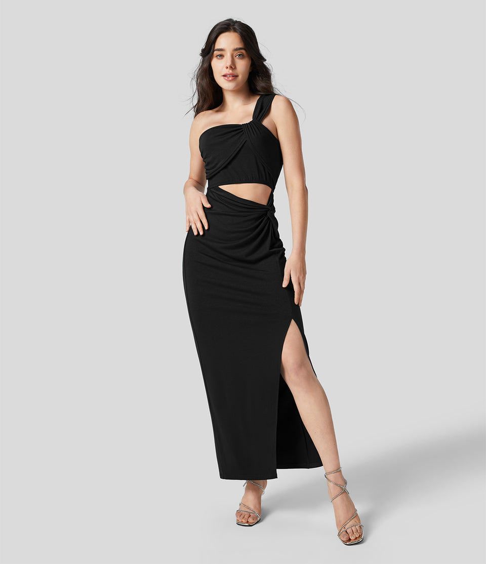 One Shoulder Twisted Cut Out Backless Split Maxi Party Dress