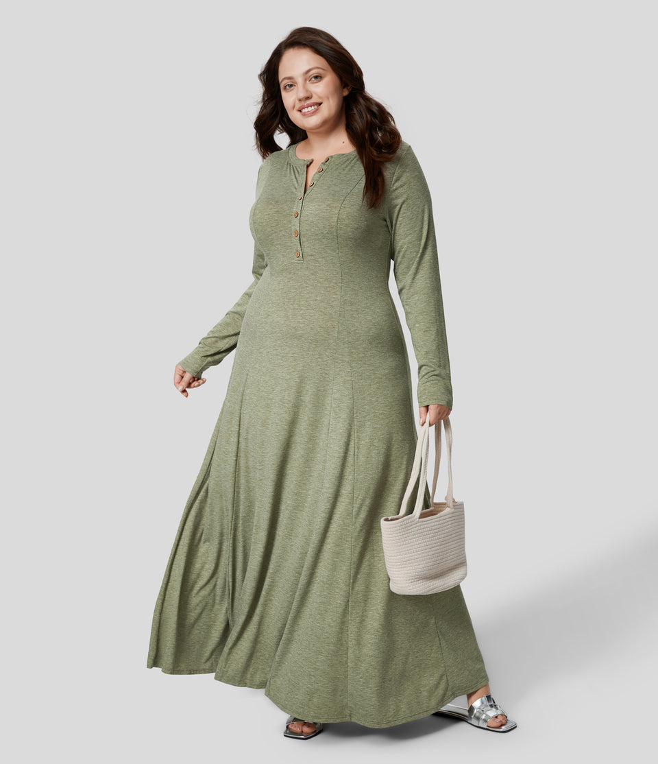Round Neck Button Long Sleeve Flare Maxi Casual Plus Size Dress