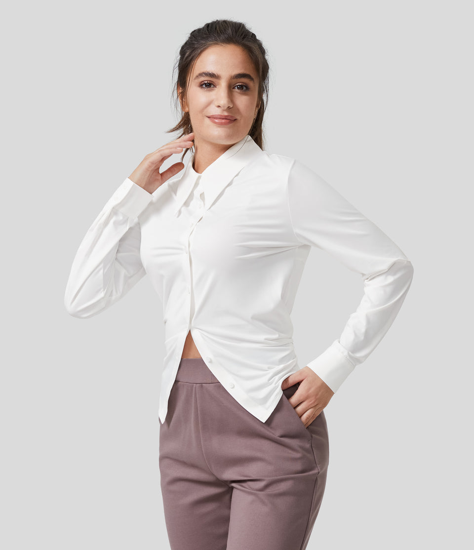 Collared Button Long Sleeve Tie Back Cool Touch Work Shirt-UPF50+