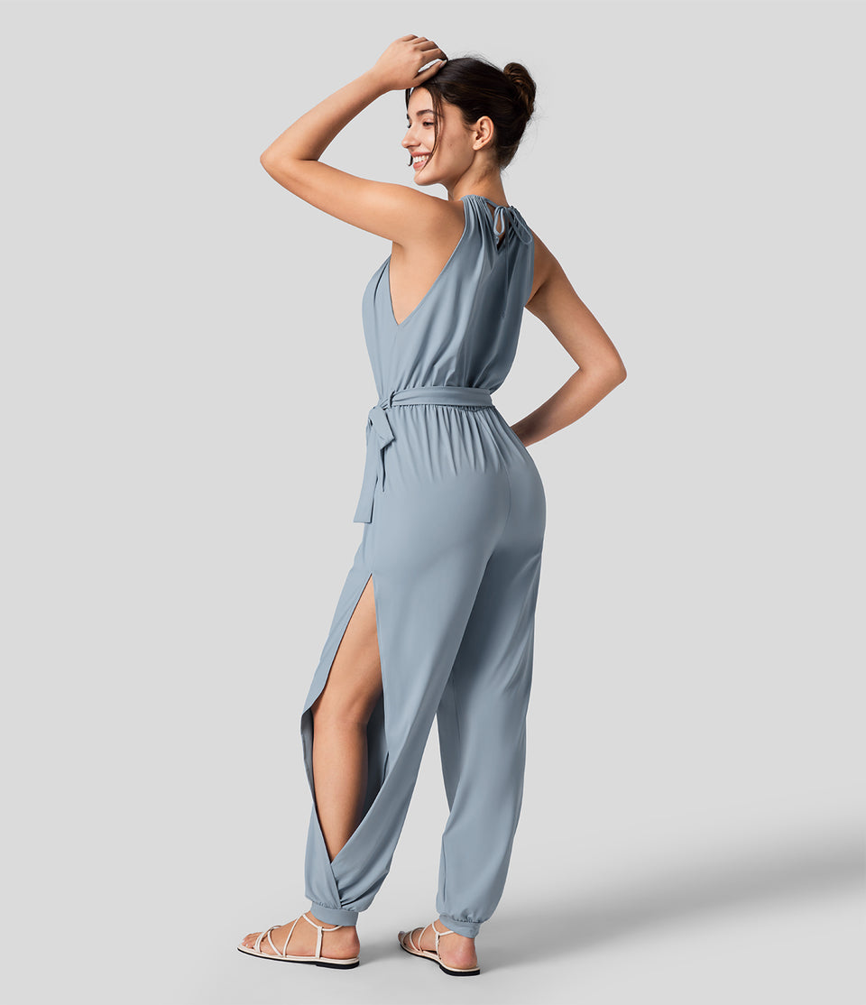 Sleeveless Tie Back Plicated Belted Side Pocket Cut Out Cool Touch Resort Jumpsuit-UPF50+