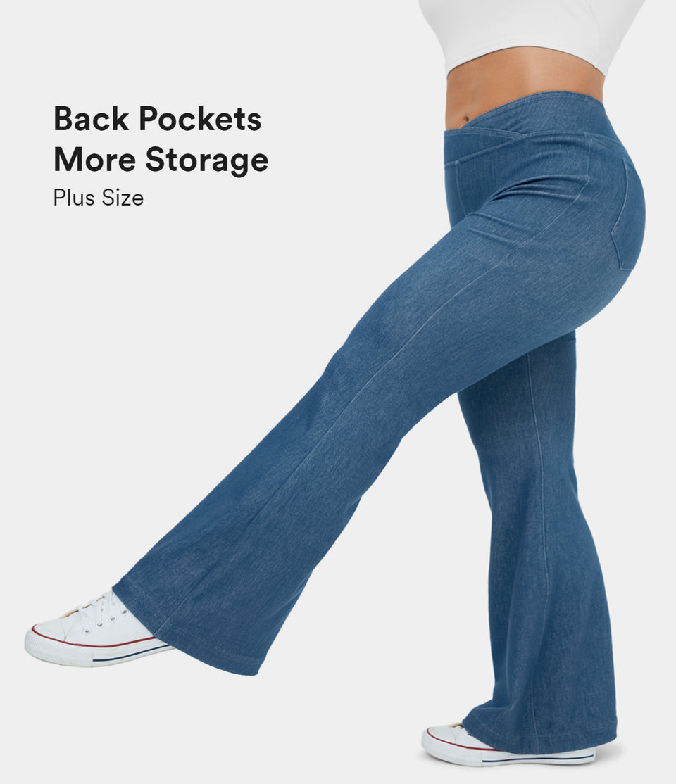HalaraMagic™ High Waisted Crossover Back Pocket Stretchy Knit Plus Size Casual Flare Jeans