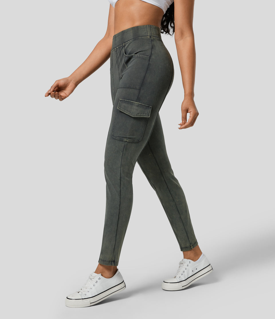 High Waisted Multiple Pockets Washed Casual Cargo Pants