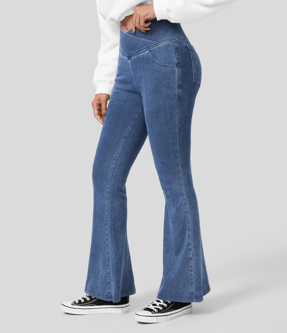 HalaraMagic™ High Waisted Crossover Pocket Washed Stretchy Knit Casual Super Flare Fleece Jeans