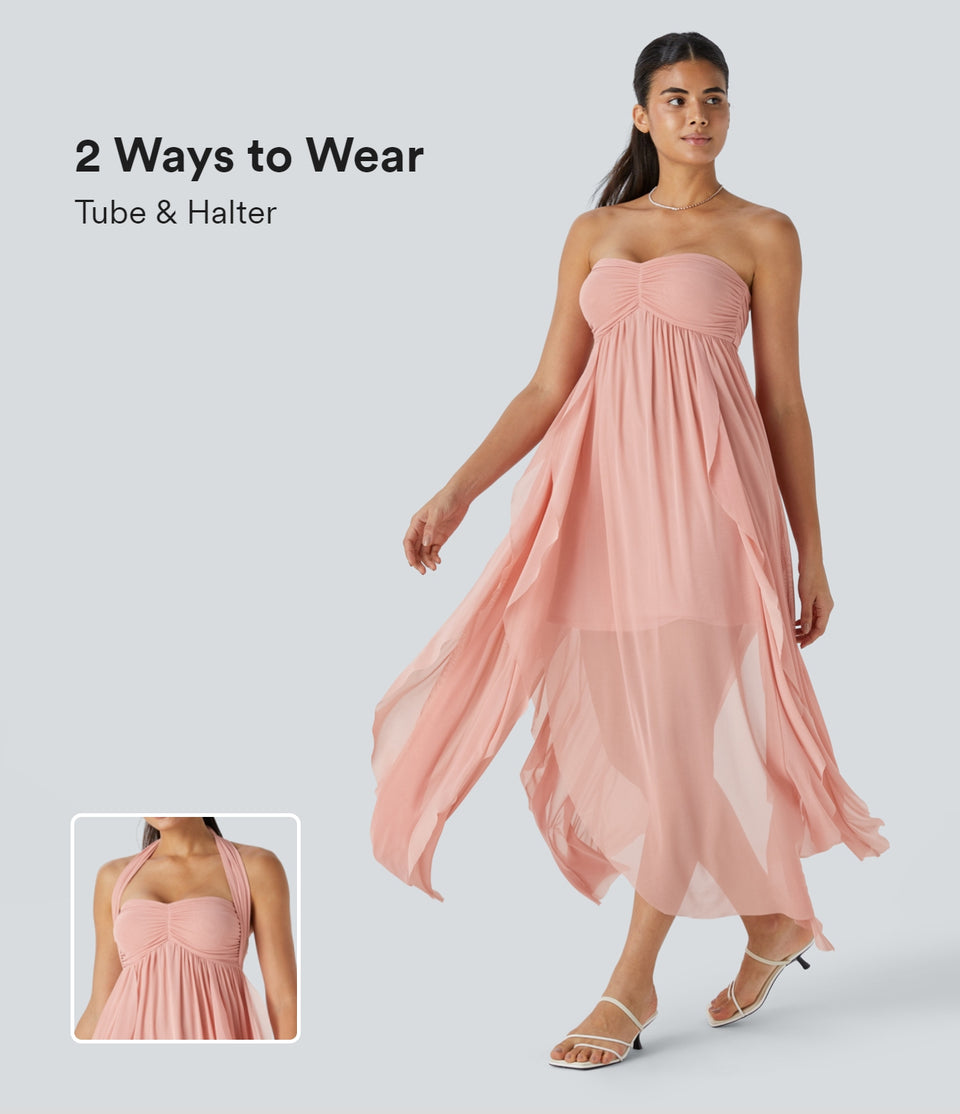 Tube Backless Tie Back Draped Ruffle Flowy Maxi Resort Dress