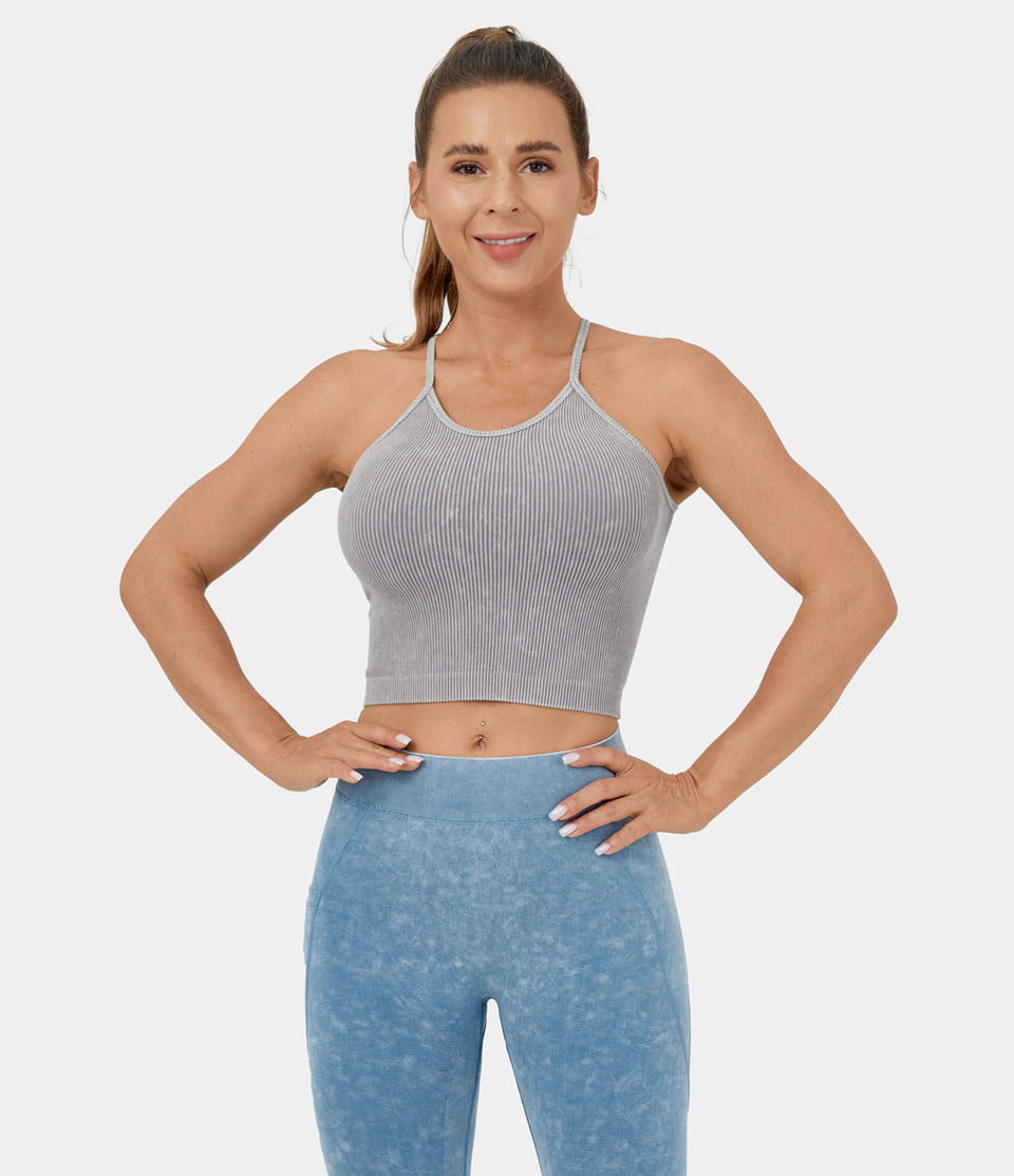 Seamless Flow Sleeveless Backless Racerback Washed Cropped Yoga Tank Top