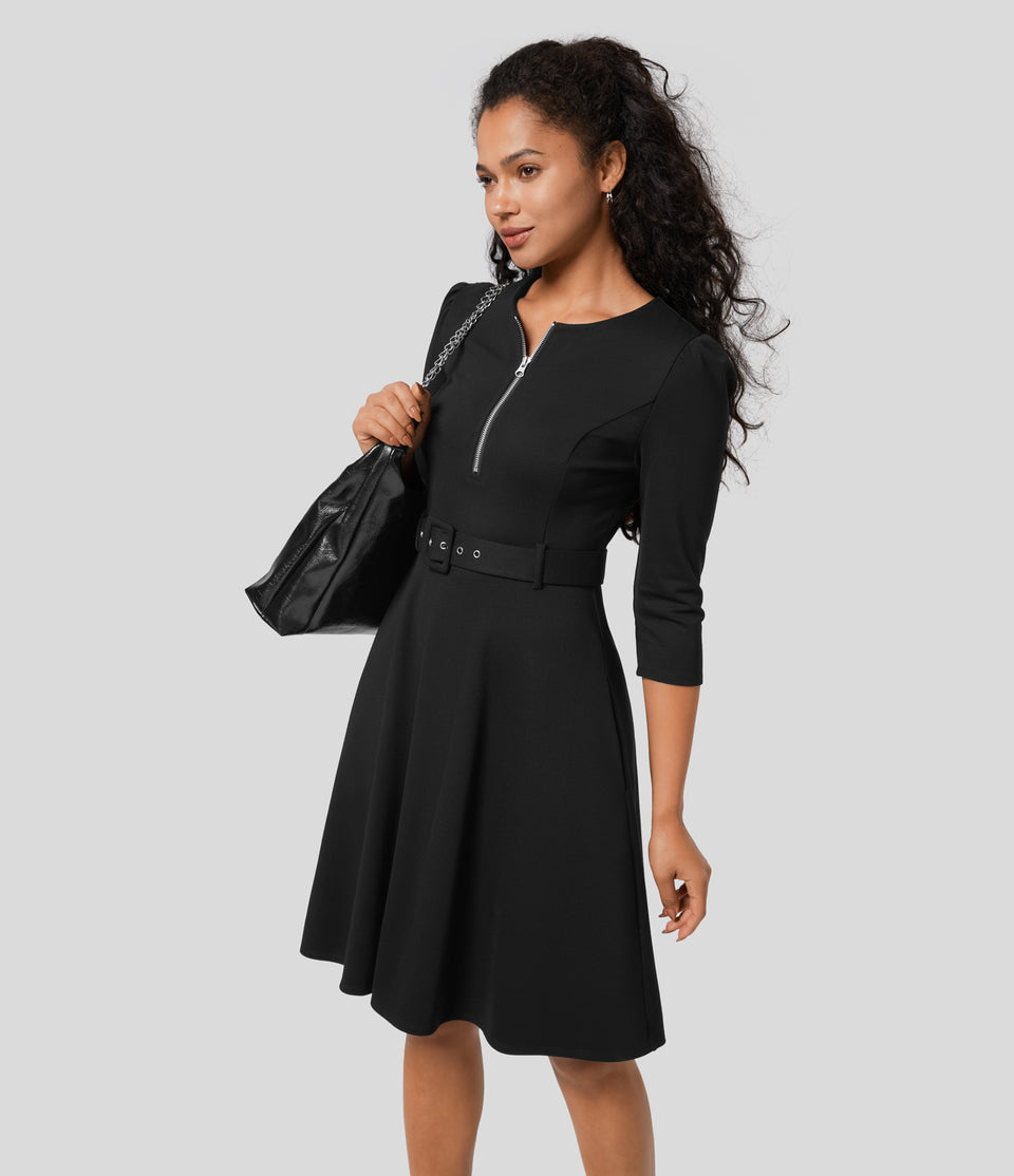 Round Neck Zipper Belted Side Pocket Midi Fit And Flare Work Dress