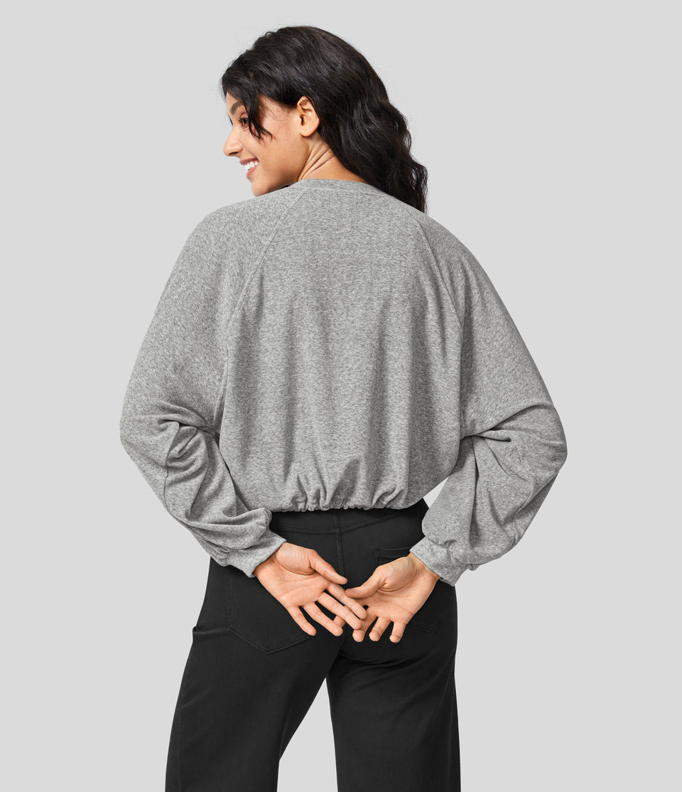 Button Raglan Sleeve Adjustable Drawstring Hem Casual Sweatshirt