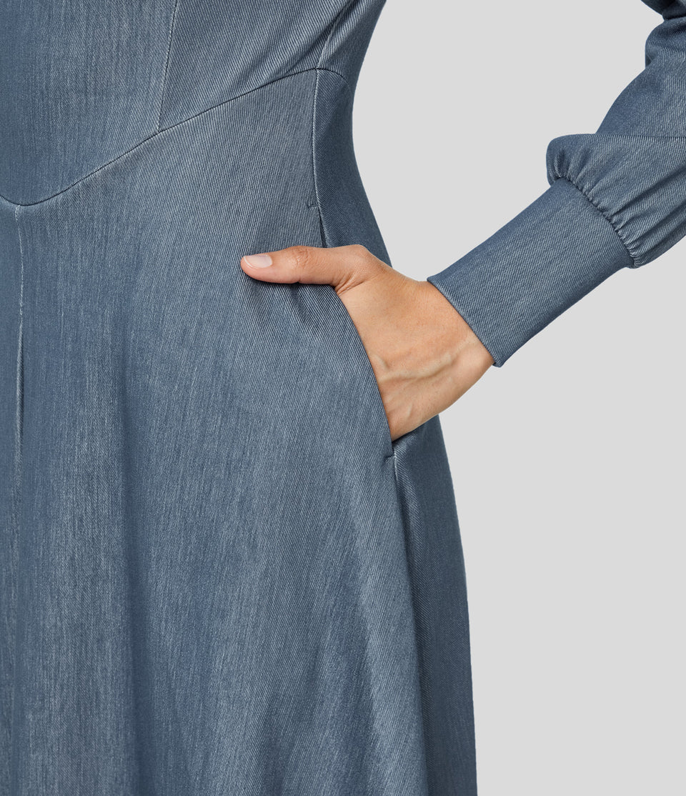 HalaraMagic™ Round Neck Long Sleeve Side Pocket Corset Plicated Flare Stretchy Knit Denim Midi Work Dress