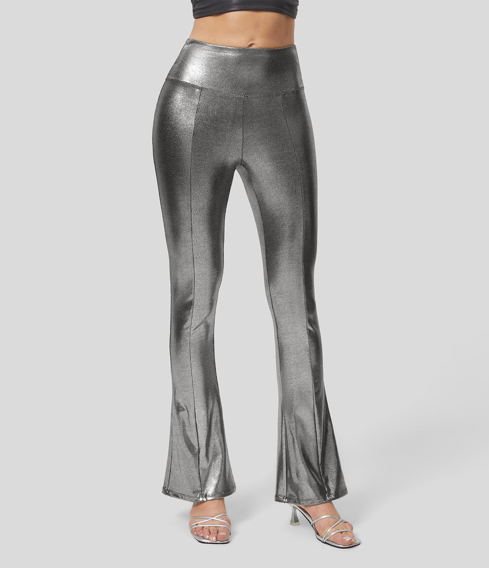 Softlyzero™ Faux Leather Mid Rise Metallic Foil Print Stretchy Party Slight Flare Pants