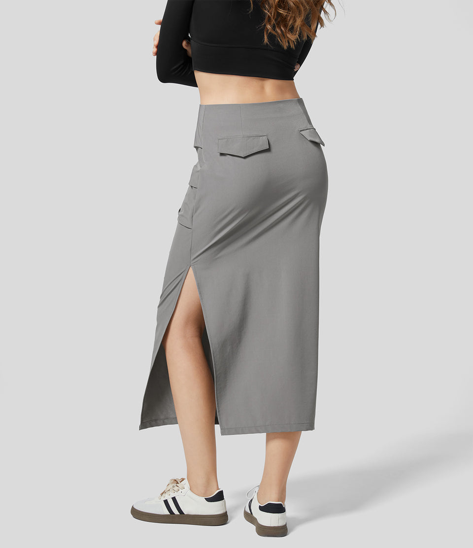 Mid Rise Side Invisible Zipper Ruched Split Hem Straight Midi Casual Cargo Skirt