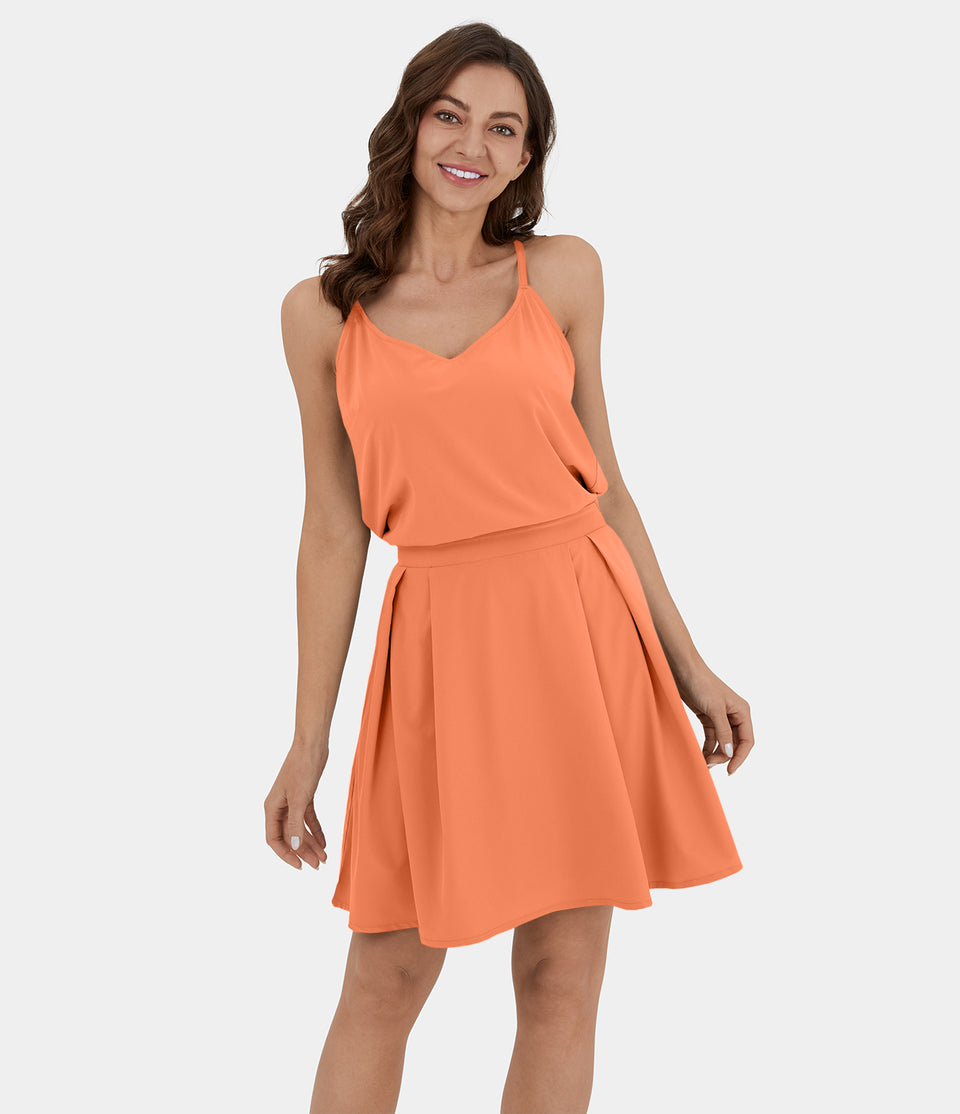Breezeful™ Adjustable Strap Backless Cut Out Side Pocket Pleated Mini Quick Dry Casual Dress