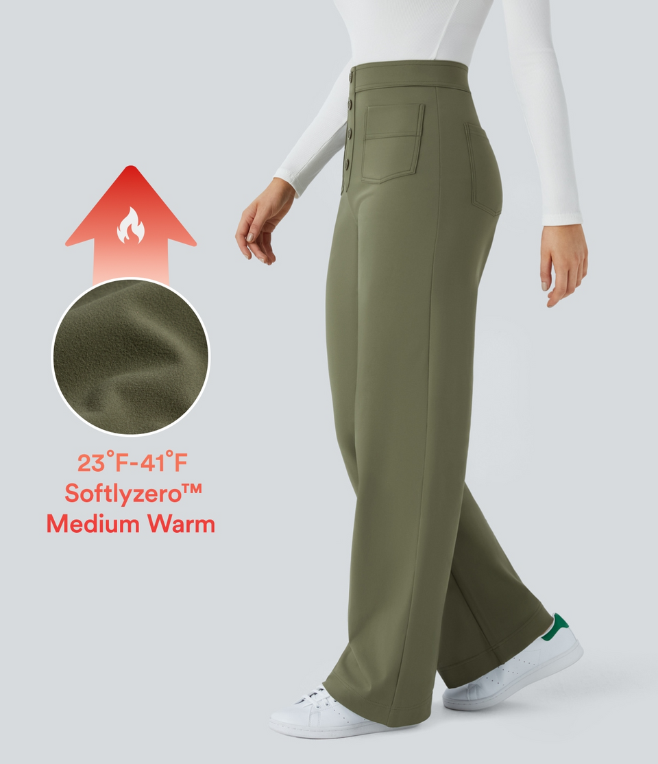 Softlyzero™ Fleece High Waisted Button Multiple Pockets Straight Leg Casual Pants