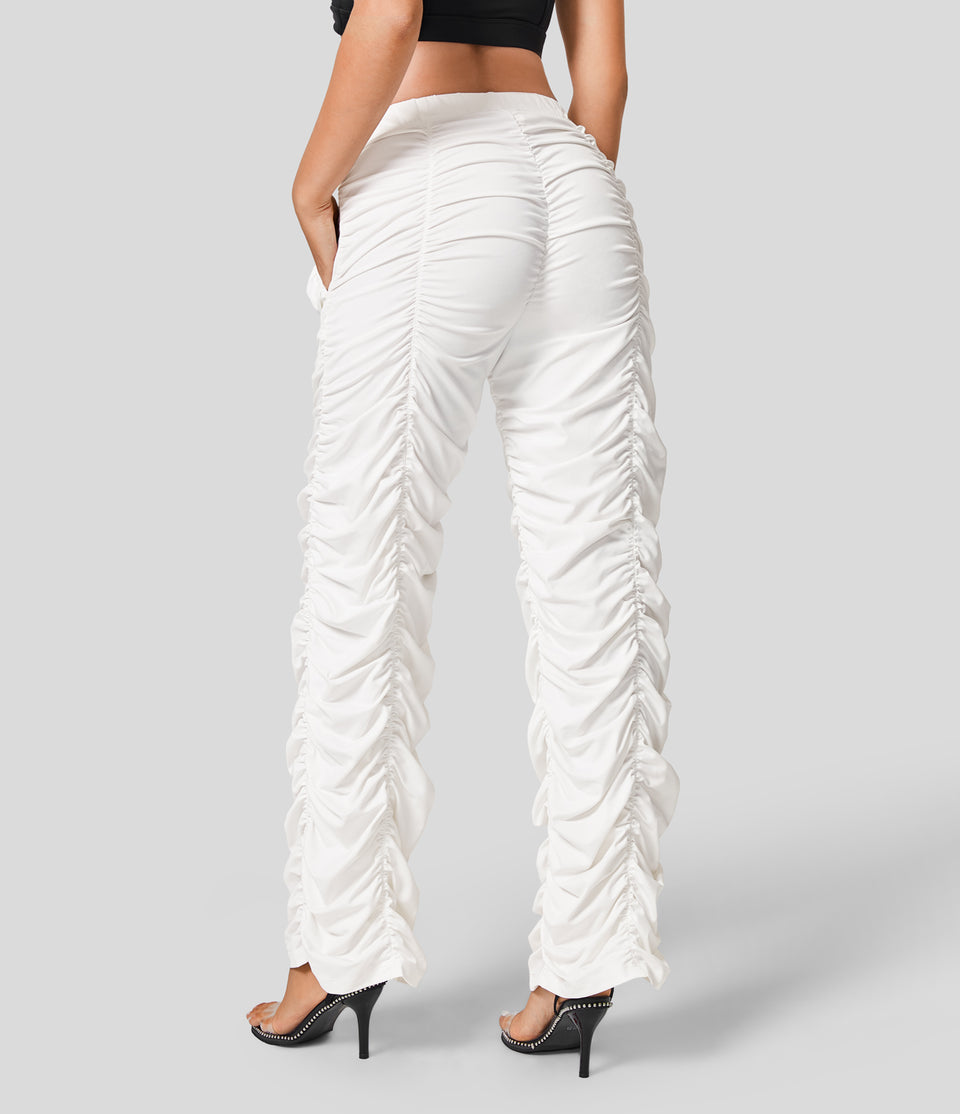 Mid Rise Side Pocket Ruched Straight Leg Casual Pants