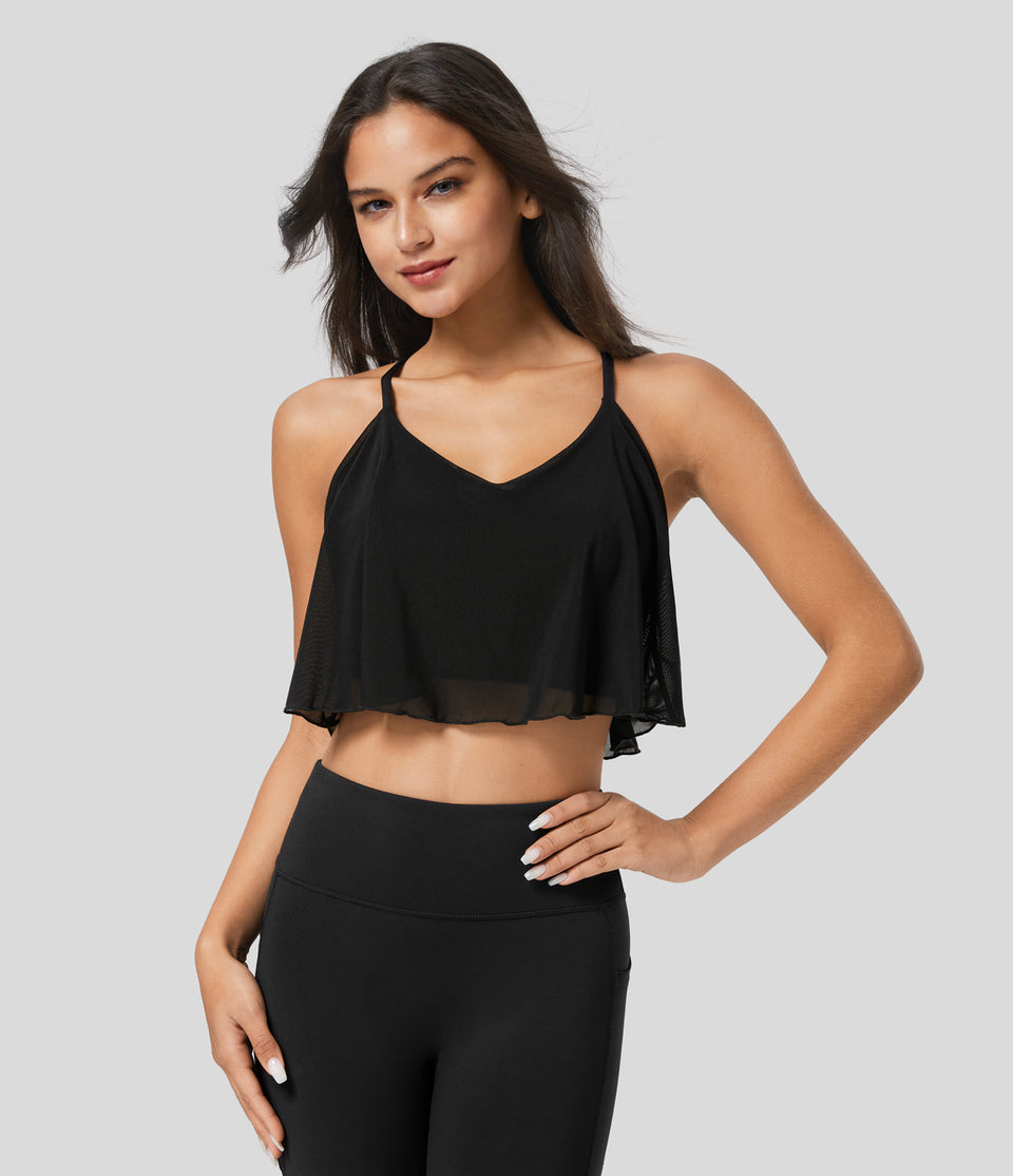Crisscross Backless Contrast Mesh Cropped Yoga Cami Top