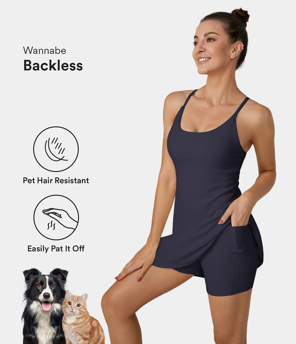 Patitoff® Flow Pet Hair Resistant Backless Crisscross 2-in-1 Pocket Flare Dance Active Dress