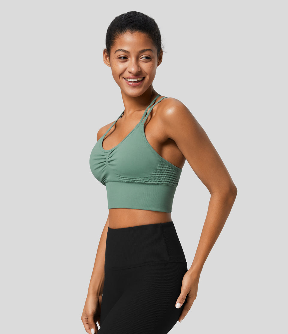 Seamless Flow Low Support Ruched Double Straps Backless Crisscross Sports Bra