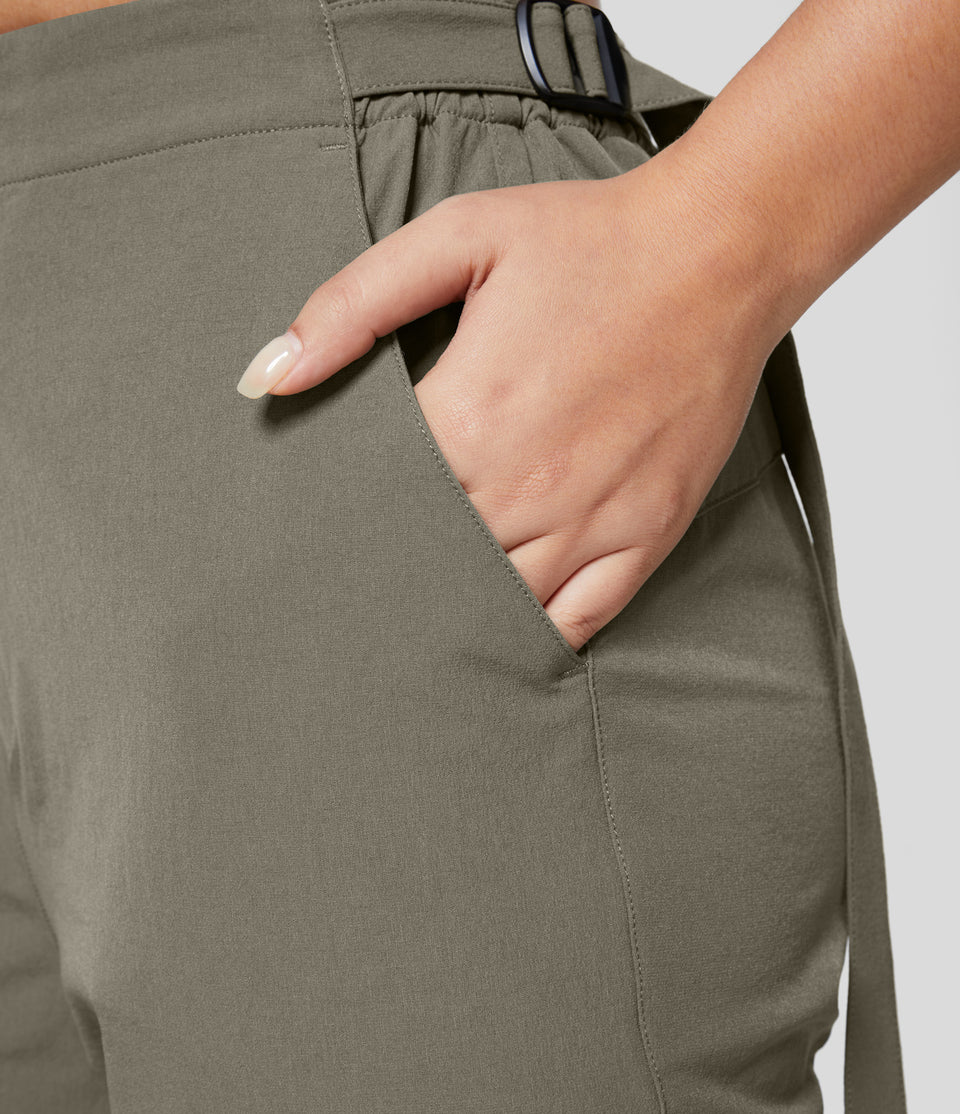 High Waisted Adjustable Waistband  Multiple Pockets Zipper Hem Hiking Cargo Pants
