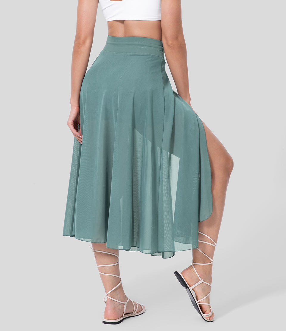 High Waisted Drawstring Contrast Mesh 2-in-1 Side Pocket Flowy Midi Flare Casual Skirt