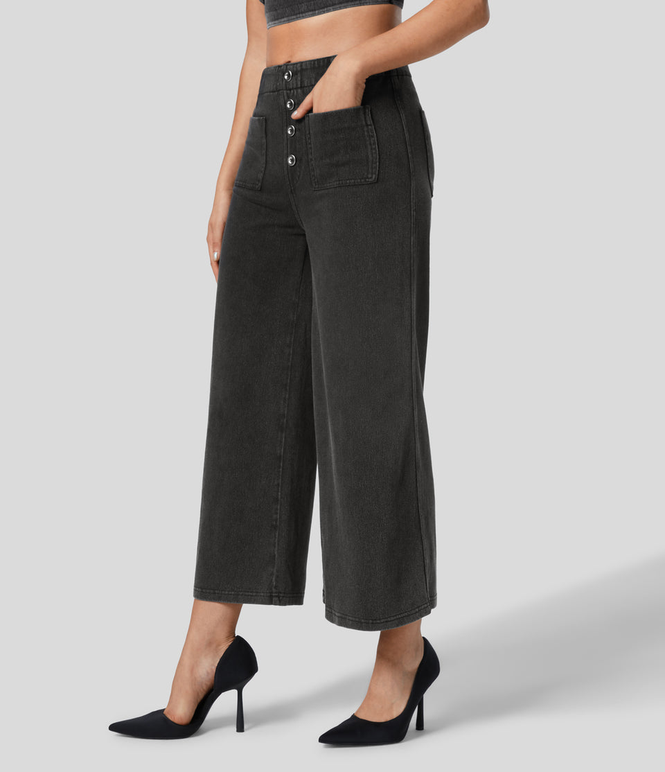 HalaraMagic™ High Waisted Button Pockets Washed Stretchy Knit Casual Wide Leg Jeans